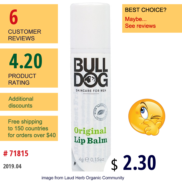 Bulldog Skincare For Men, Original Lip Balm, 4 G (0.15 Oz)  