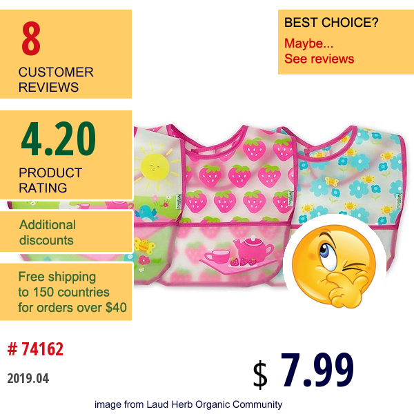 I Play , Green Sprouts, Wipe-Off Bibs, 9-18 Months, Pink Picnic Set, 3 Pack  