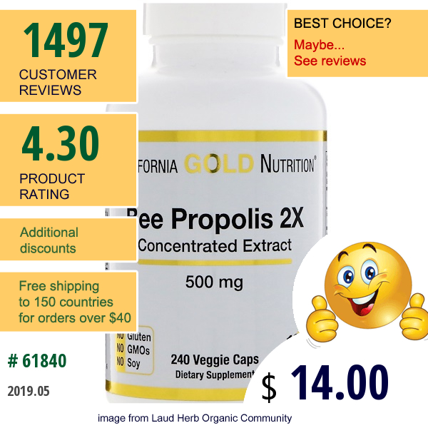California Gold Nutrition, Bee Propolis 2X, Concentrated Extract, 500 Mg, 240 Veggie Caps