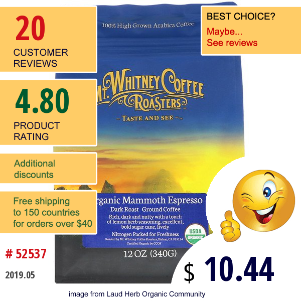 Mt. Whitney Coffee Roasters, Organic Mammoth Espresso, Dark Roast, Ground Coffee, 12 Oz (340 G)