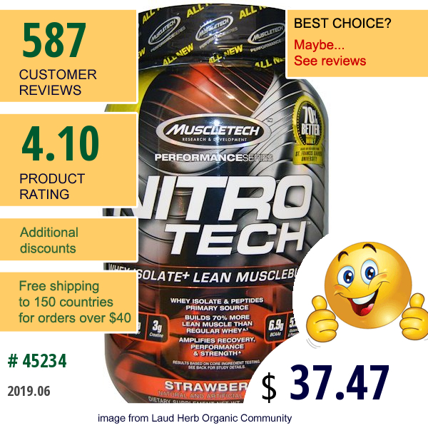 Muscletech, Nitro-Tech, Whey Isolate + Lean Musclebuilder, Strawberry, 2 Lbs (907 G)