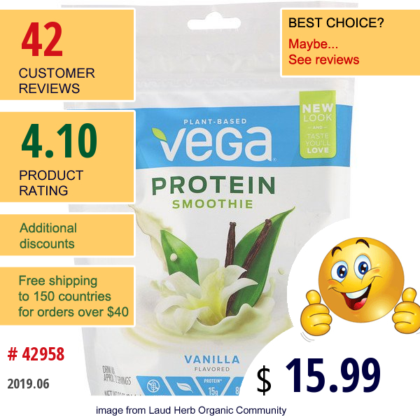 Vega, Protein Smoothie, Vanilla, 9.3 Oz (264 G)