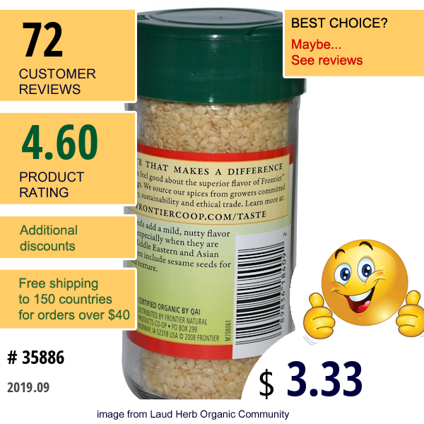 Frontier Natural Products, Organic Sesame Seed, Whole, 2.29 Oz (65 G) Frontier Natural Products, Organic Sesame Seed, Whole, 2.29 Oz (65 G)