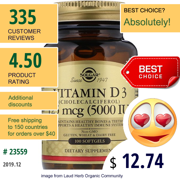 Solgar, Vitamin D3 (Cholecalciferol), 5,000 Iu, 100 Softgels Solgar, Vitamin D3 (Cholecalciferol), 5,000 Iu, 100 Softgels