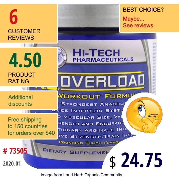 Hi Tech Pharmaceuticals, N.o. Overload, Pre-Workout Formula, Pounding Punch Flavor, 310 G Hi Tech Pharmaceuticals, N.o. Overload, Pre-Workout Formula, Pounding Punch Flavor, 310 G