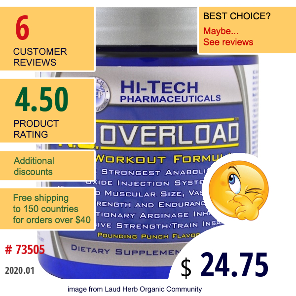 Hi Tech Pharmaceuticals, N.o. Overload, Pre-Workout Formula, Pounding Punch Flavor, 310 G  