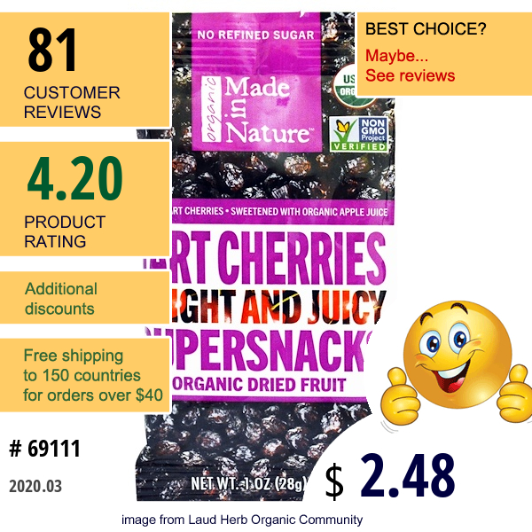 Made In Nature, Organic Tart Cherries Bright And Juicy Supersnacks, 1 Oz (28 G)  