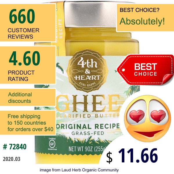 4Th & Heart, Ghee Clarified Butter, Grass-Fed, Original Recipe, 9 Oz (255 G)