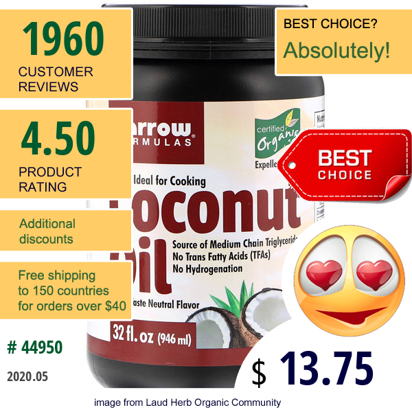 Jarrow Formulas, Organic Coconut Oil, Expeller Pressed, 32 Fl Oz (946 Ml)
