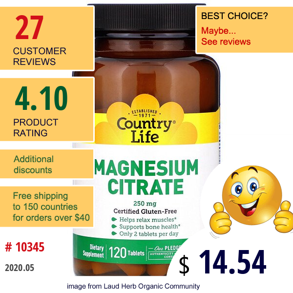 Country Life, Magnesium Citrate, 250 Mg, 120 Tablets