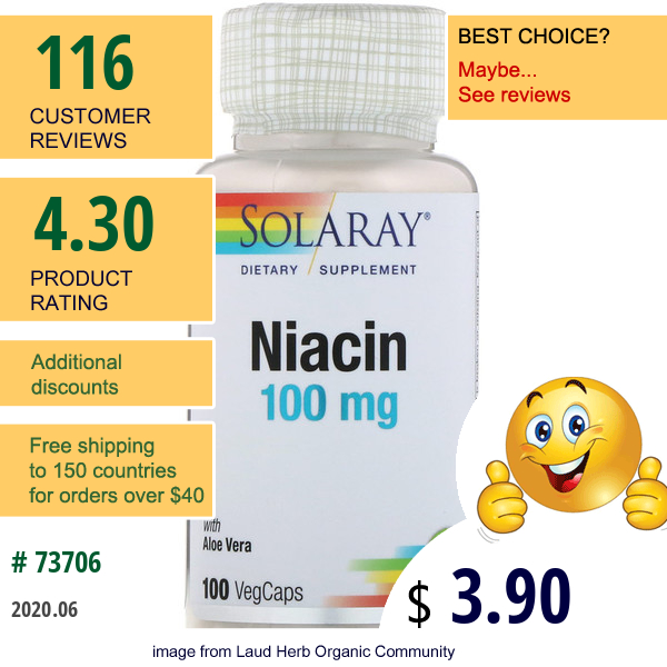 Solaray, Niacin, 100 Mg, 100 Vegcaps
