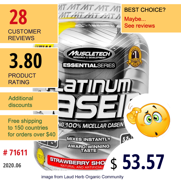 Muscletech, Platinum 100% Casein, Strawberry Shortcake, 3.62 Lbs (1.64 Kg)  