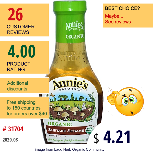 Annie'S Naturals, Organic, Shiitake Sesame Vinaigrette, 8 Fl Oz (236 Ml)  