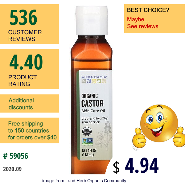 Aura Cacia, Skin Care Oil, Organic Castor, 4 Fl Oz (118 Ml)