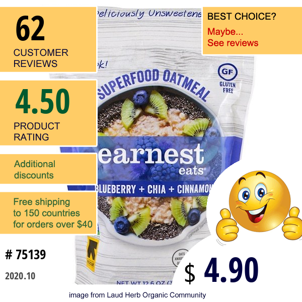 Earnest Eats, Superfood Oatmeal, Blueberry + Chia + Cinnamon, 12.6 Oz (357 G)