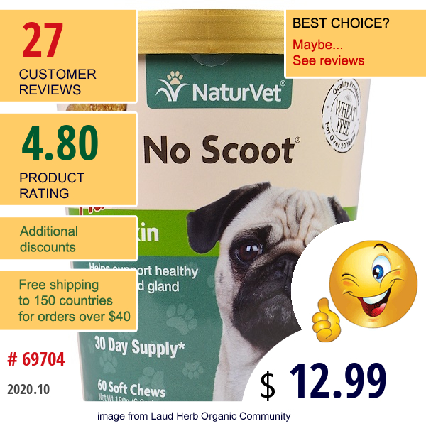Naturvet, No Scoot For Dogs, Plus Pumpkin, 60 Soft Chews, 6.3 Oz (180 G)
