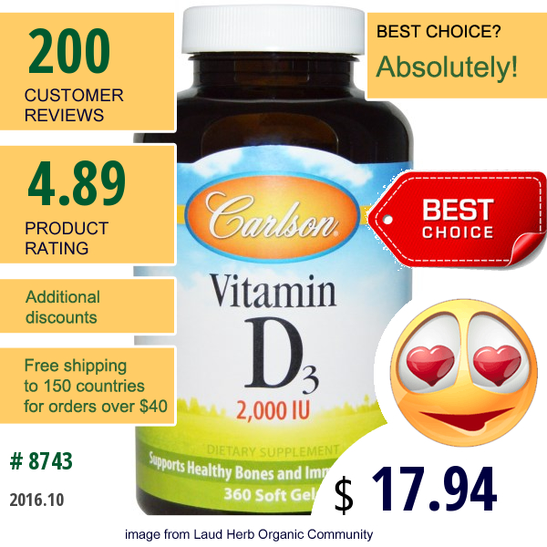 Carlson Labs, Vitamin D3, 2000 Iu, 360 Soft Gels