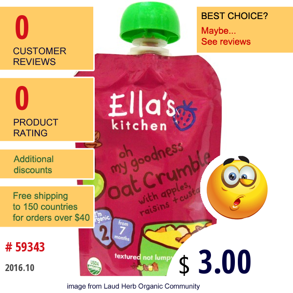 Ellas Kitchen, Oh My Goodness, Oat Crumble With Apples, Raisins + Custard, 3.0 Oz (85 G)  