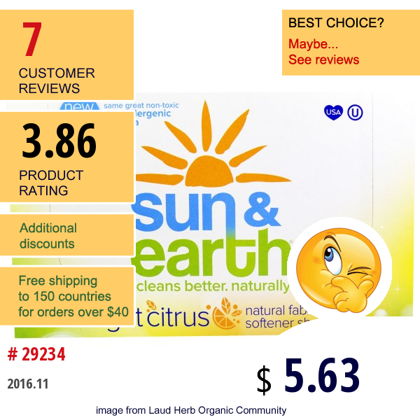 Sun & Earth, Natural Fabric Softener Sheets, Light Citrus, 80 Sheets, 6.4 X 9 Each