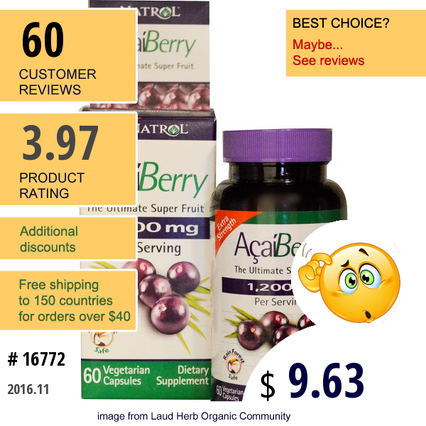 Natrol, Acaiberry, The Ultimate Super Fruit, Extra Strength, 1,200 Mg, 60 Veggie Caps