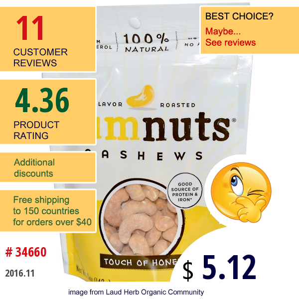 Yumnuts Naturals, Flavor Roasted Cashews, Touch Of Honey, 5 Oz (142 G)  