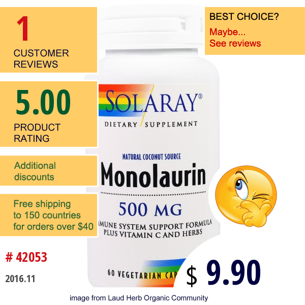 Solaray, Monolaurin, 500 Mg, 60 Veggie Caps
