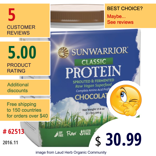 Sunwarrior, Classic Protein, Chocolate, 17.6 Oz (500 G)