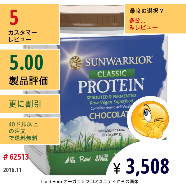 Sunwarrior, クラシックプロテイン, チョコレート, 17.6 オンス (500 G)