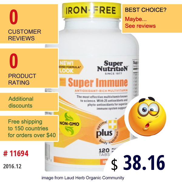 Super Nutrition, Super Immune Antioxidant-Rich Multivitamin, Iron Free, 120 Tabs  