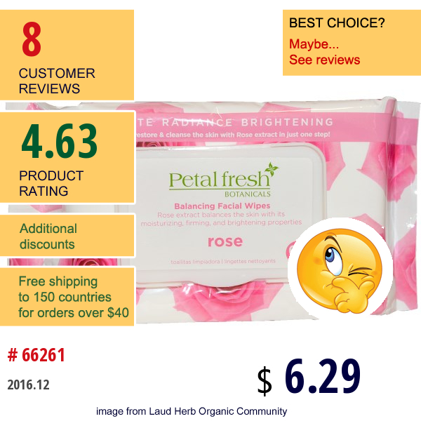 Petal Fresh, Petal Fresh Botanicals, Balancing Facial Wipes, Rose, 60 Wipes