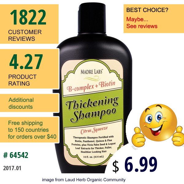 Madre Labs, Thickening B-Complex + Biotin Shampoo, No Sulfates, Citrus Squeeze, 14 Fl Oz (414 Ml)