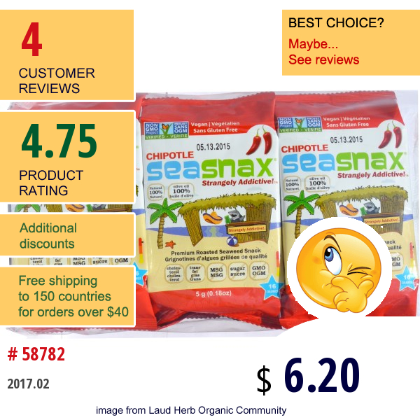 Seasnax, Grab & Go, Premium Roasted Seaweed Snack, Spicy Chipotle, 6 Pack, 0.18 Oz (5 G) Each