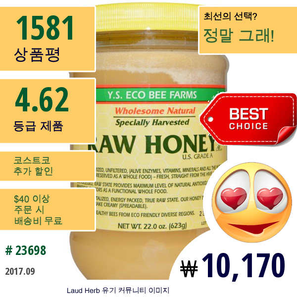 Y.s. Eco Bee Farms, Y.s. Eco Bee Farms, 무가공 꿀, 미국 A등급, 22.0 Oz (623 G)