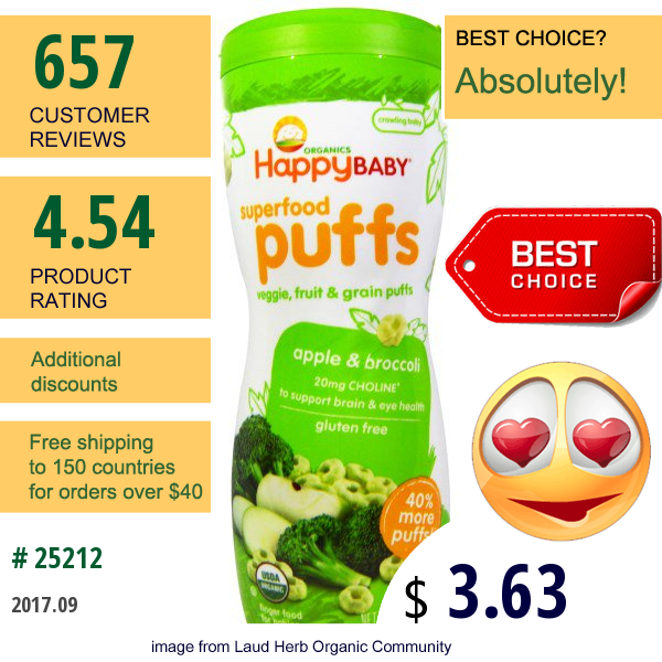 Nurture Inc. (Happy Baby), Organic, Superfood Puffs, Apple & Broccoli, 2.1 Oz (60 G)