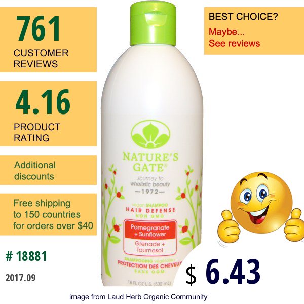 Natures Gate, Shampoo, Hair Defense, Vegan, Pomegranate + Sunflower, 18 Fl Oz (532 Ml)