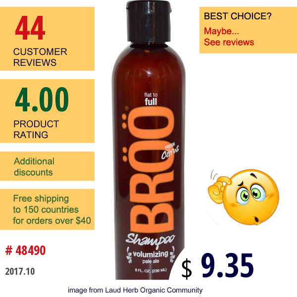 Bröö, Shampoo, Flat To Full, Volumizing Pale Ale, Fresh Citrus, 8 Fl Oz (236 Ml)  