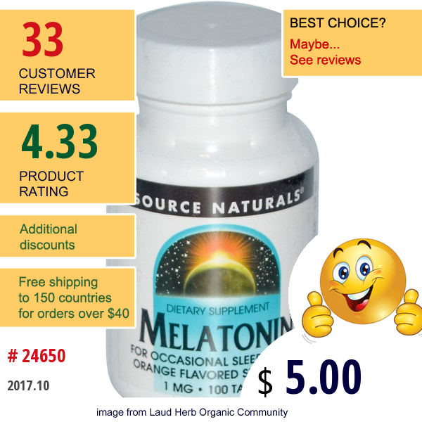 Source Naturals, Melatonin, Orange Flavor, 1.0 Mg, 100 Lozenges