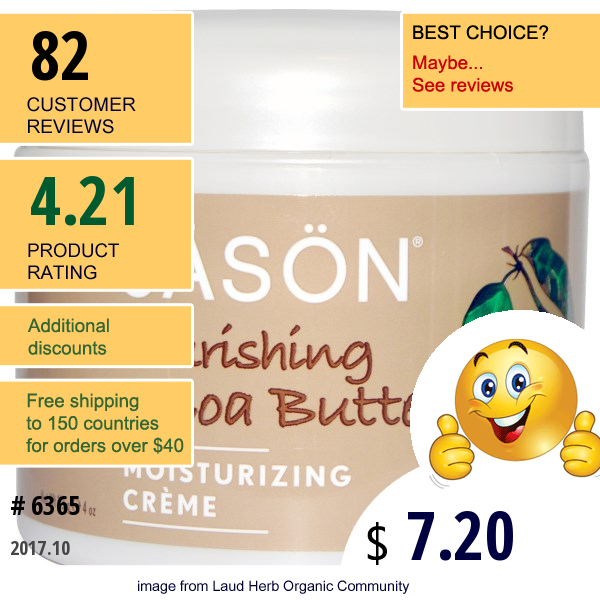 Jason Natural, Moisturizing Creme, Nourishing Cocoa Butter, 4 Oz (113 G)  