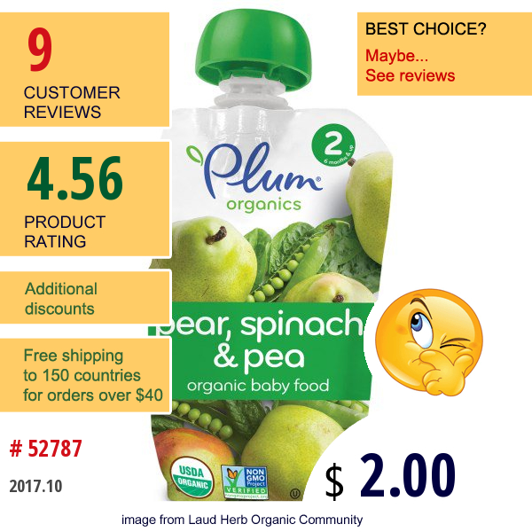 Plum Organics, Organic Baby Food, Stage 2, Pear, Spinach & Pea, 4 Oz (113 G)