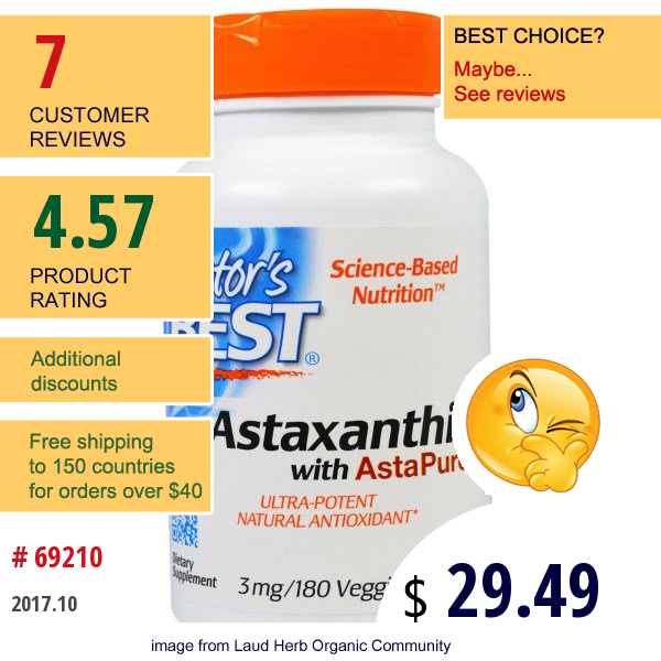 Doctors Best, Astaxanthin With Astapure, 3 Mg, 180 Veggie Softgels