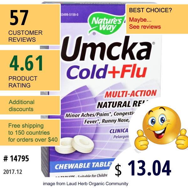 Natures Way, Umcka, Cold + Flu, Berry Flavor, 20 Chewable Tablets