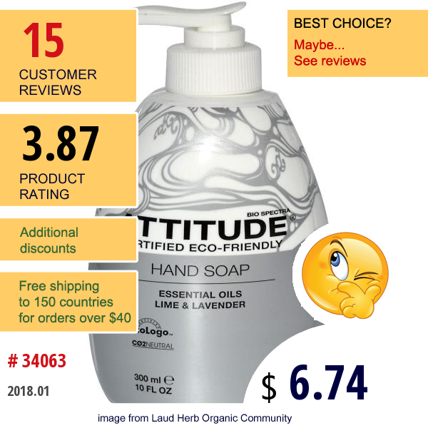 Attitude, Hand Soap, Essential Oils Lime & Lavender, 10 Fl Oz (300 Ml)  