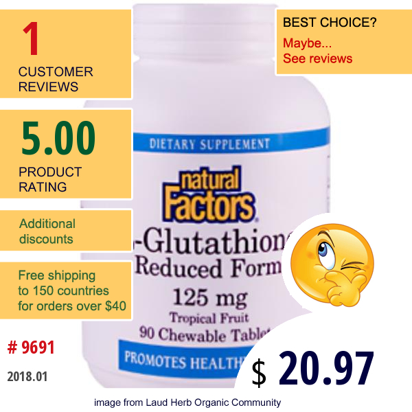 Natural Factors, L-Glutathione, Reduced Form, 125 Mg, 90 Chewable Tablets  