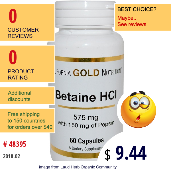 California Gold Nutrition, Betaine Hcl, 575 Mg, 60 Capsules  