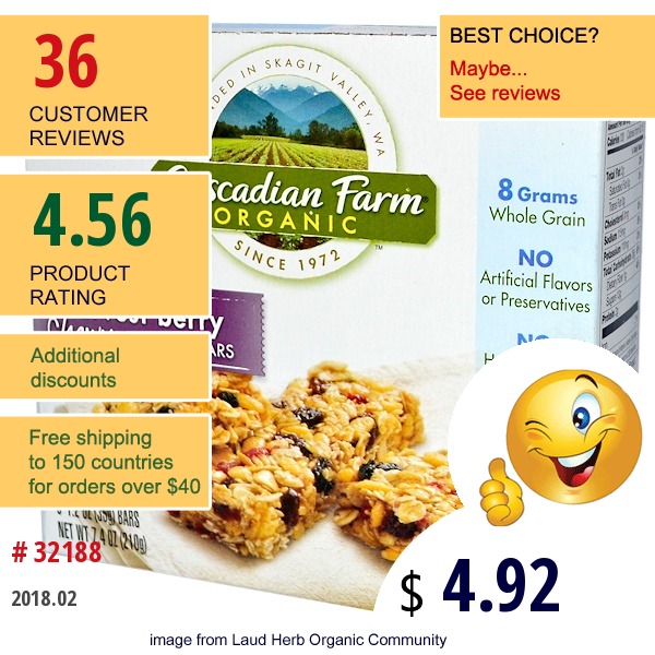 Cascadian Farm, Organic, Chewy Granola Bars, Harvest Berry, 6 Bars, 1.2 Oz (35 G) Each