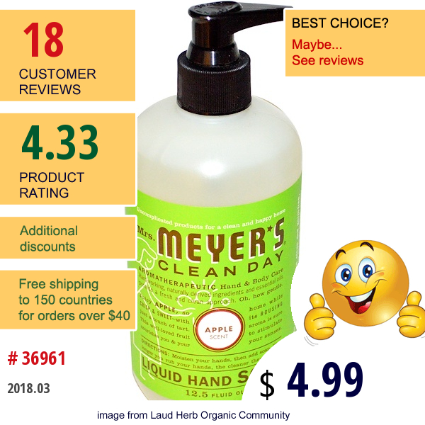 Mrs. Meyers Clean Day, Liquid Hand Soap, Apple Scent, 12.5 Fl Oz (370 Ml)