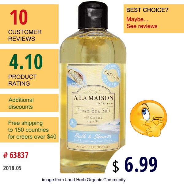 A La Maison De Provence, Bath And Shower Liquid Soap, Fresh Sea Salt, 16.9 Fl Oz (500 Ml)