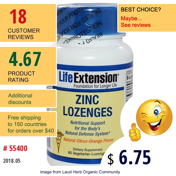 Life Extension, Zinc Lozenges, Natural Citrus-Orange Flavor, 60 Veggie Lozenges