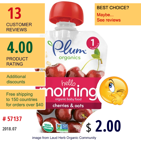 Plum Organics, Organic Baby Food, Stage 1, Hello Morning, Cherries & Oats, 3.5 Oz (99 G)  
