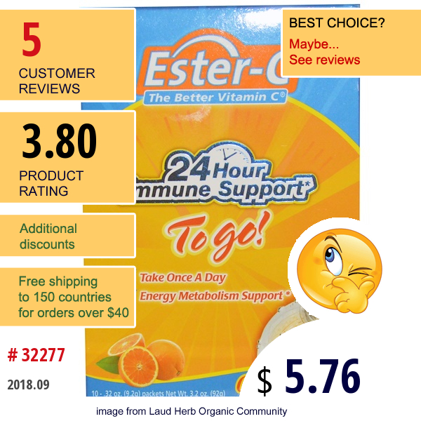 Natures Bounty, Ester-C, The Better Vitamin C, To Go!, Natural Orange Flavor, 10 Packets, 0.32 Oz (9.2 G) Each  